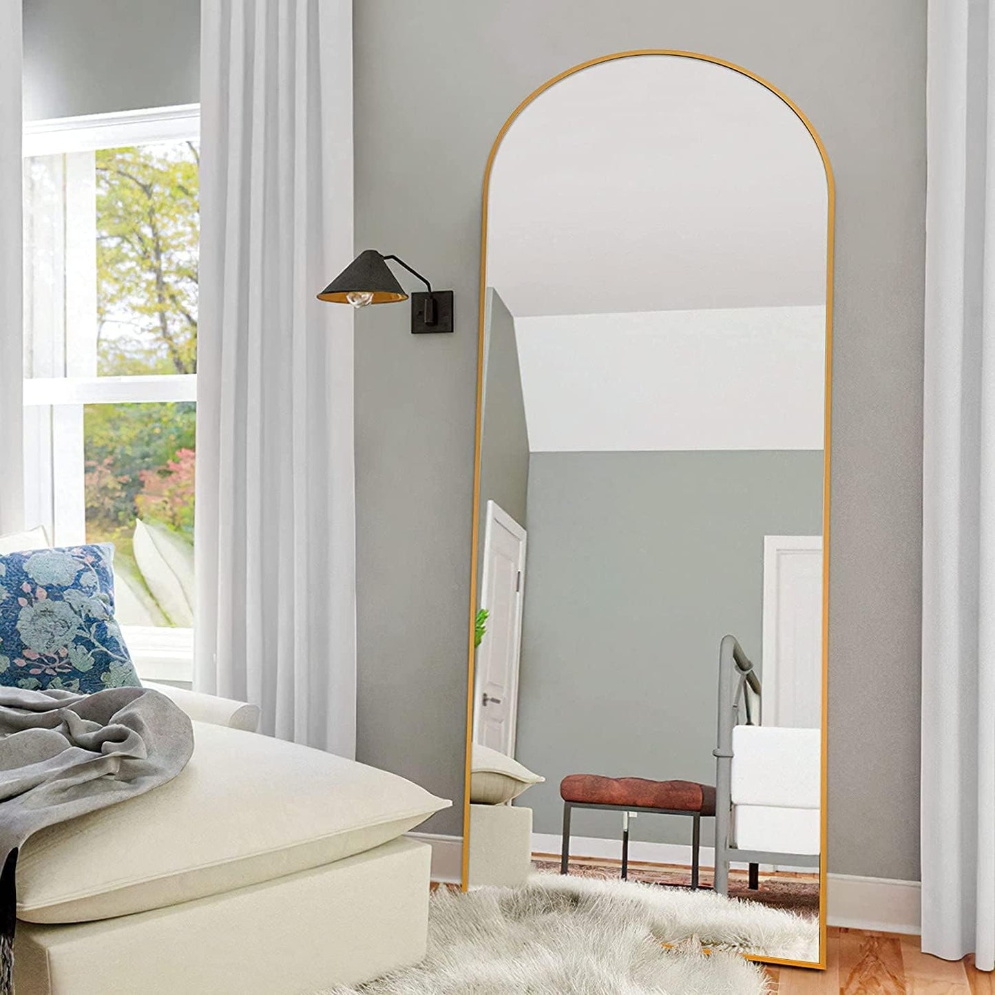 Arched Full Length Mirror Standing Hanging or Leaning against Wall, Oversized Large Bedroom Mirror Floor Mirror Dressing Mirror, Aluminum Alloy Thin Frame, Gold, 65"X22"