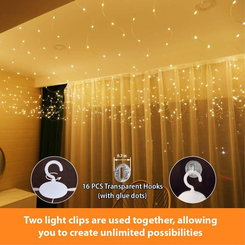 HXWEIYE 300LED Fairy Curtain Lights, 9.8X9.8Ft Warm White USB Plug in 8 Modes Christmas String Hanging Lights with Remote for Bedroom, Indoor, Outdoor, Weddings, Party