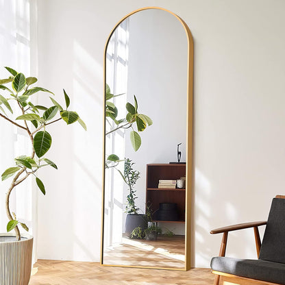 Arched Full Length Mirror Standing Hanging or Leaning against Wall, Oversized Large Bedroom Mirror Floor Mirror Dressing Mirror, Aluminum Alloy Thin Frame, Gold, 65"X22"