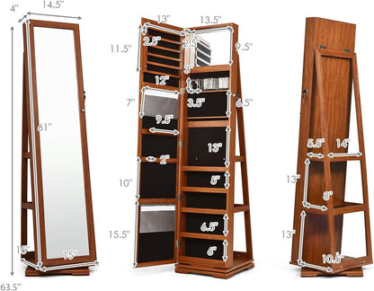 360° Swivel Jewelry Armoire with Higher Full Length Mirror, Standing Lockable Jewelry Cabinet Organizer with Large Storage Capacity, inside Makeup Mirror, Back Storage Shelves (Walnut)