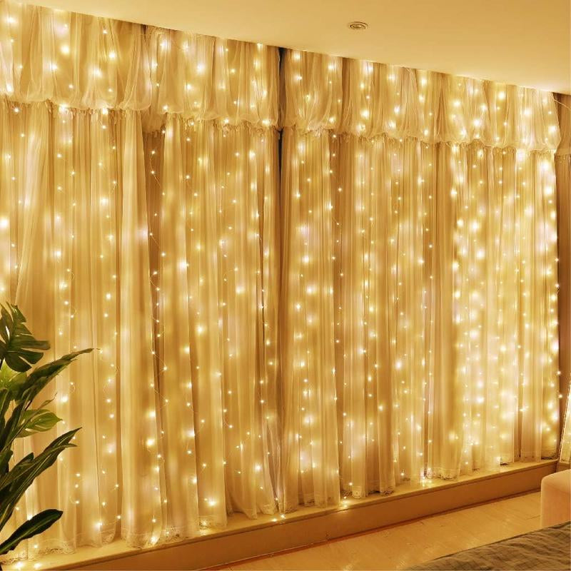 HXWEIYE 300LED Fairy Curtain Lights, 9.8X9.8Ft Warm White USB Plug in 8 Modes Christmas String Hanging Lights with Remote for Bedroom, Indoor, Outdoor, Weddings, Party